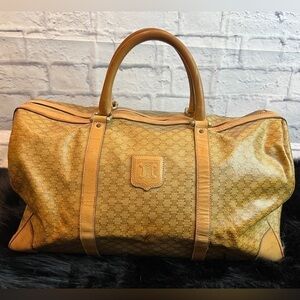 CELINE Brown Canvas + Leather Boston Bag